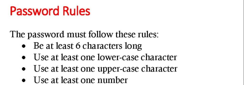 Password Rules regarding sign-up for customer online portal
